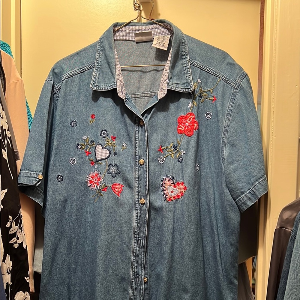 Embroidered Denim Shirt with Floral Accents